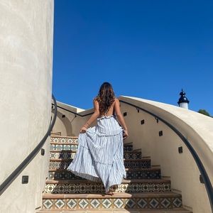 Used Vacay Babe Grey Striped Halter Maxi Dress